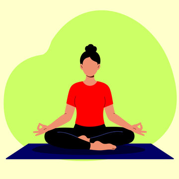 Calm faceless woman meditating in lotus pose, hands in Gyan Mudra, wearing red shirt, vector art.