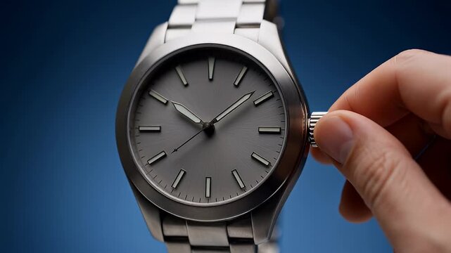 Elegant steel wristwatch with textured gray dial being adjusted by human hand