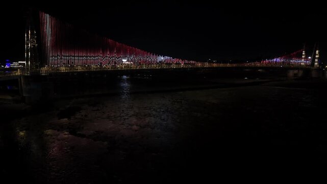 Aerial night 4k shot of Janki Setu Bridge in Rishikesh, Uttarakhand, India