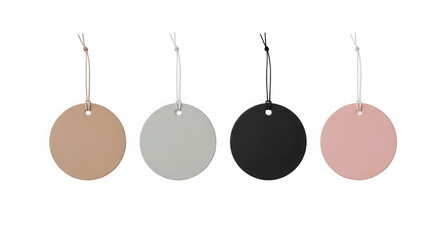 Four colored tags with strings for labeling isolated on transparent background