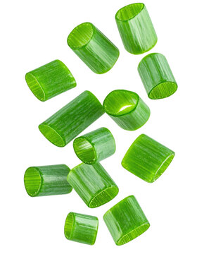 Fresh green onions falling, chopped spring chives