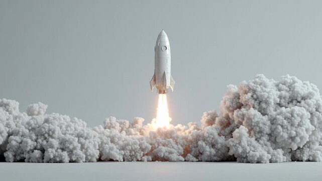 Rocket launches into the sky during startup event with smoke and flames at daytime in isolated space