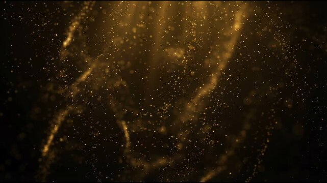 Golden dust particles drifting downward in deep dark space forming soft vertical light streaks with calm motion warm cinematic glow and layered depth