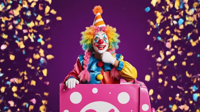 Happy clown emerging from box with festive exploding confetti