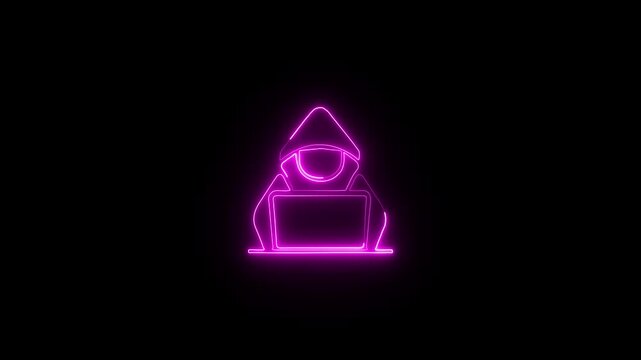 Glowing neon hacker icon isolated on black background. Neon hacker icon on black background representing cybercrime technology and digital security concepts 4k video