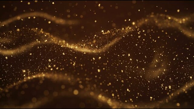 Golden dust and metallic flakes drifting in soft horizontal wave currents through a dark warm space with smooth motion cinematic glow and layered depth