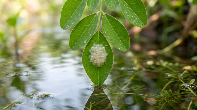 Snail eggs on moringa leaf delicately placed above water with lush green reflections