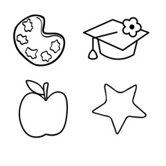 Fototapeta premium Collection of educational icons a palette for art, a graduation cap, an apple, and a star