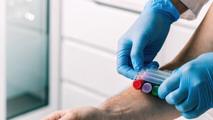 Obraz premium Blood sample collection in laboratory by gloved technician with vials and arm puncture