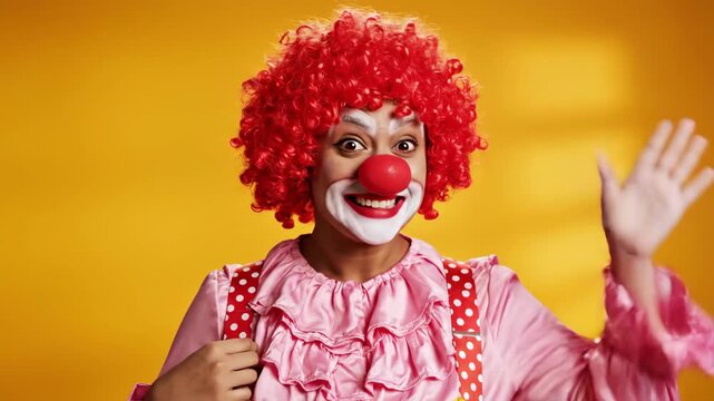 Happy clown with red wig and nose smiling brightly