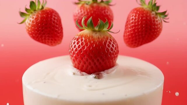 Delicious and vibrant strawberries with creamy dip on a bright pink backdrop