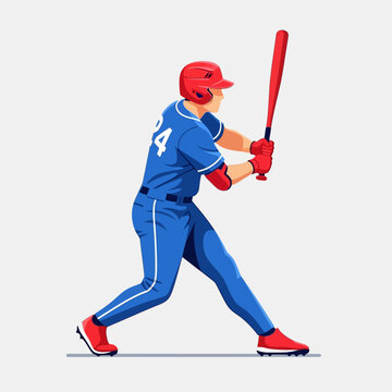 Baseball player in blue uniform swinging red bat, action shot, sports concept