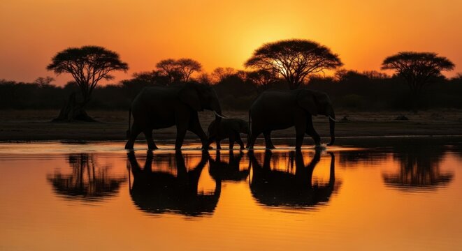 Elephant family crossing serene water at golden sunset