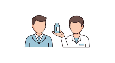 Doctor showing medicine bottle to patient illustration, representing healthcare consultation and treatment advice
