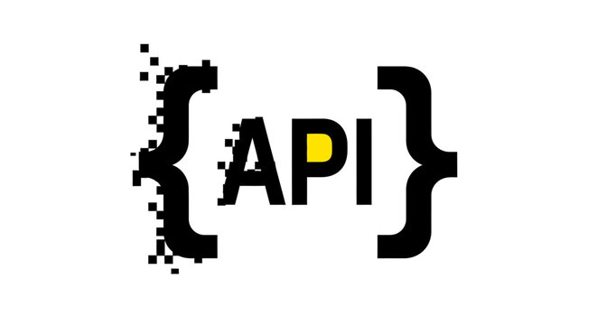 Abstract API logo with pixelated brackets and yellow highlight, representing technology and programming