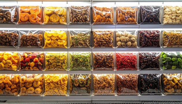 A vibrant array of dried fruit snacks packaged for display in a retail market selection