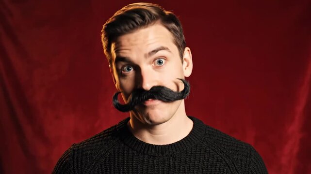 Happy man twisting his elaborate mustache in studio