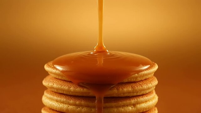 Golden stack of pancakes being drenched in glistening, gooey caramel syrup