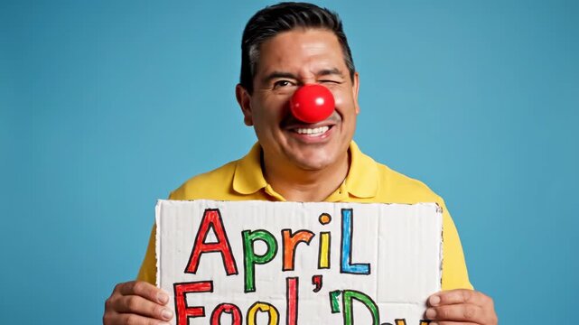 Happy man wearing clown nose with April Fool's Day sign