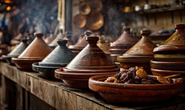 Artfully arranged row of traditional Moroccan-style tagines on a rustic wooden counter, showcasing intricate ceramic designs and steaming, flavorful cuisine, a digital culinary display.