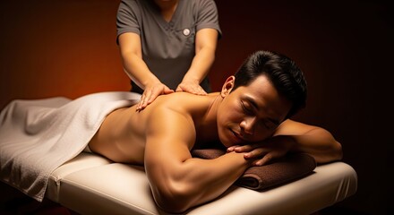 Naklejka premium Man receiving a massage treatment on a massage table with a therapist's hands applying pressure to his back in a serene setting