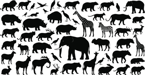Silhouettes of diverse animals including lion, elephant, giraffe, zebra, bear, deer, rabbit, birds, rhinoceros, showcasing wildlife biodiversity illustration. © Azijul
