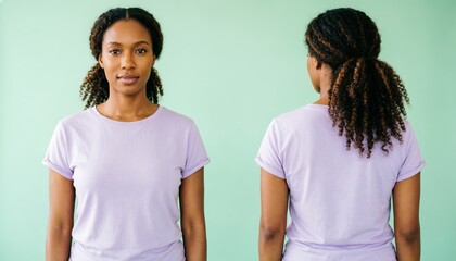 Fototapeta premium Woman Wearing Lavender T-Shirt Front and Back View