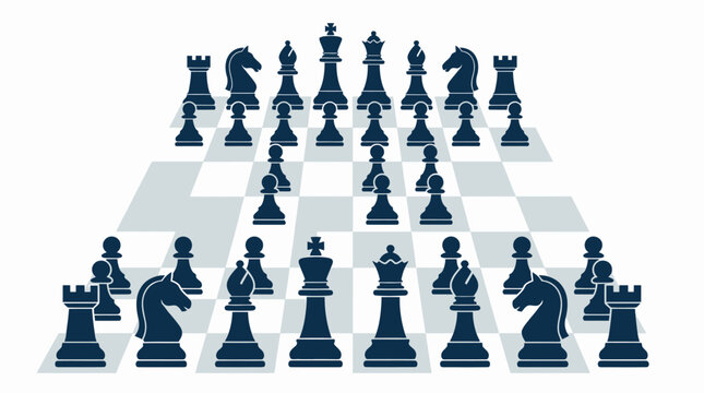 Chess Game Setup with Minimalist Blue Pieces on Strategic Board Illustration, Intellectual Concept