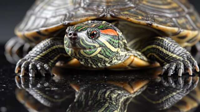 Close-up of a Red-Eared Slider Turtle with a Reflective Surface.