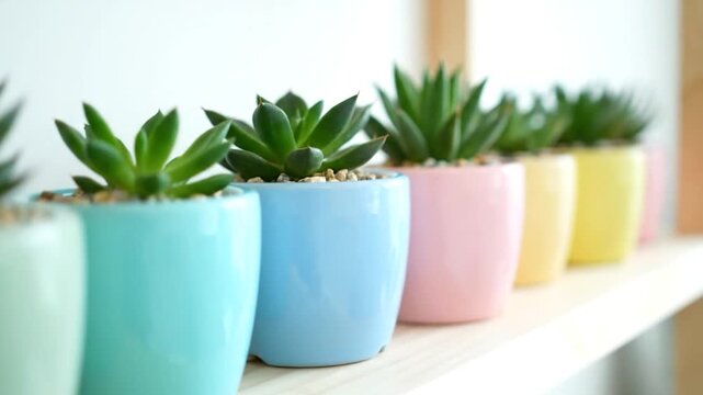 Row of colorful potted succulent plants on a shelf, vibrant home decor.