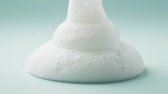 Closeup shot of a thick and fluffy white foam on a light blue background