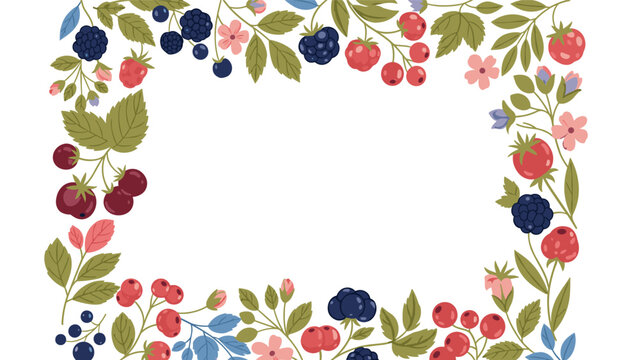 Beautiful rectangular frame border composed of various fresh berries like strawberries raspberries and blackberries with leaves.