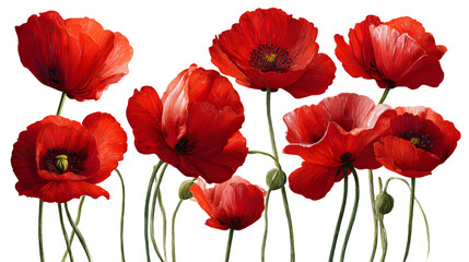 Fototapeta premium Ultra realistic HD poppies red petals green stems vivid light, isolated on white background