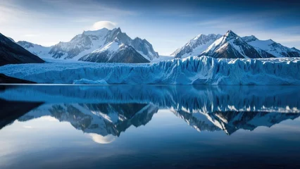 Tableau sur plexiglas Réflexion Snowy mountain range and glacier reflected in calm water under sunlight  © kintanya