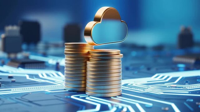Golden cloud computing symbol above stacks of coins on a digital circuit board representing finance and technology