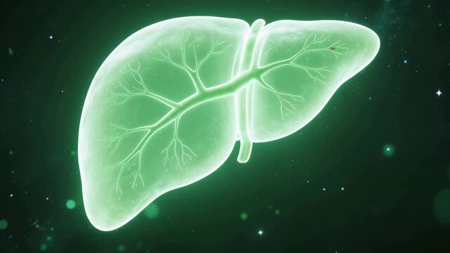 Detailed glowing human liver anatomy illustration with branching bile ducts on dark background