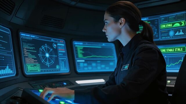 Focused woman working on advanced computer system with futuristic digital interface and data analysis screens