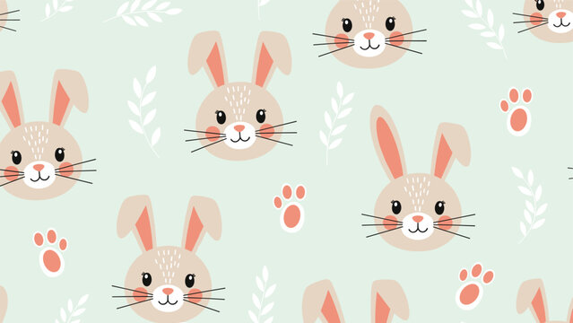 Adorable seamless pattern of cute bunny faces paw prints and white leaves on a pastel green background for kids nursery and baby textiles.