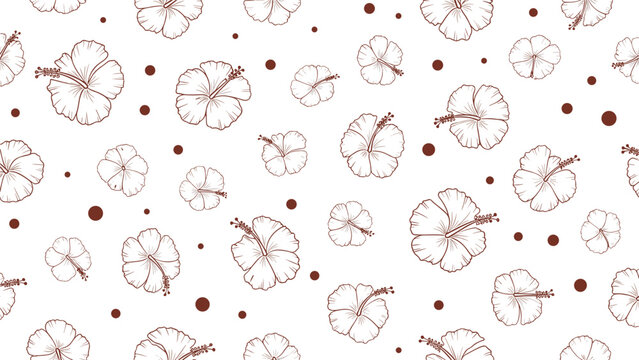 Elegant seamless pattern background with hand drawn brown hibiscus flowers and dots for fabric wallpaper or tropical summer theme design.