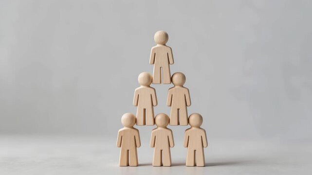 Wooden human figures stacked in pyramid shape representing teamwork leadership and business growth concept