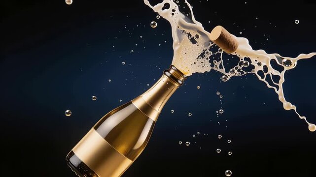 Celebration with sparkling champagne bottle popping cork and splash on dark background