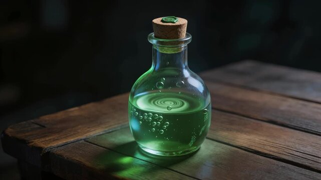 Glass bottle with glowing green liquid on wooden table magical potion or chemistry concept