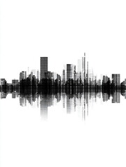 Fototapeta premium A minimalist pixel art representation of an urban skyline using black and grey squares. The design is modern and digital, featuring clean geometric shapes isolated on a stark white background.