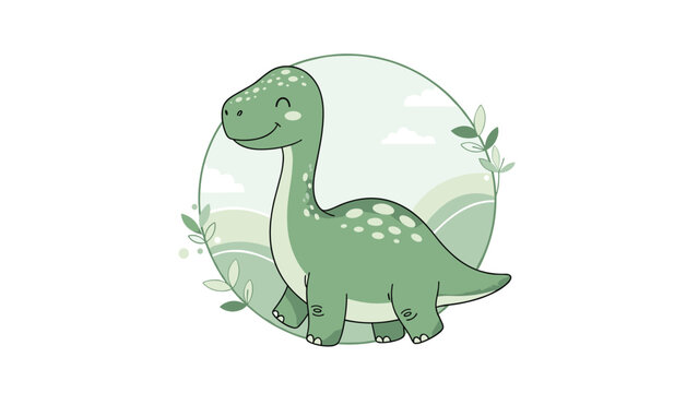 Friendly green brachiosaurus dinosaur character smiling in a circular landscape frame with hills and clouds background for kids education.