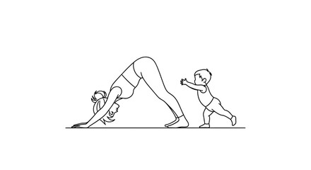 Woman practicing yoga with a child nearby in simple line art.
