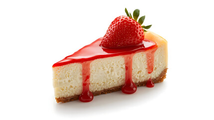 Delicious slice of cheesecake with strawberry and red sauce