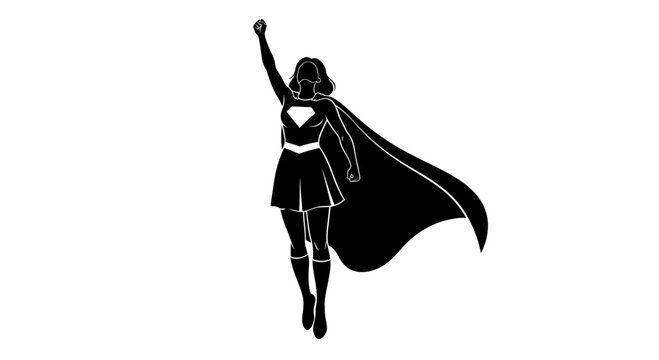 Silhouette of a Female Superhero Flying with Cape.