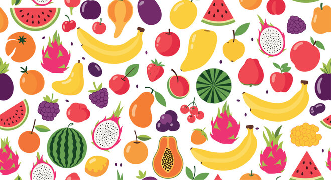 Dense and vibrant seamless pattern filled with various colorful fruits such as bananas, watermelons, dragon fruit, apples, and ripe berries.