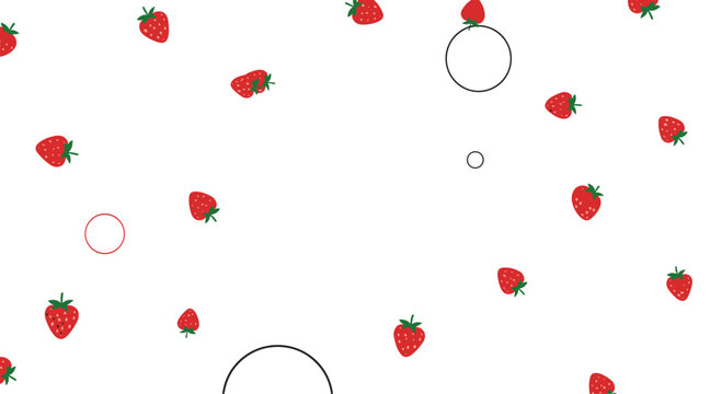 Scattered pattern of small red strawberries with green leaves and simple black circles on a white background in a minimal graphic style.
