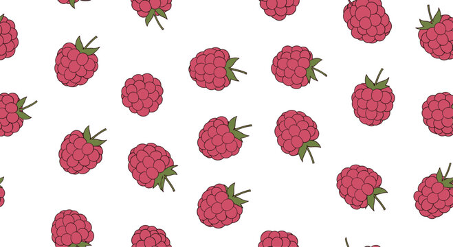 Seamless food pattern showcasing ripe pink raspberries with small green stems and leaves distributed evenly on a plain white background for design.